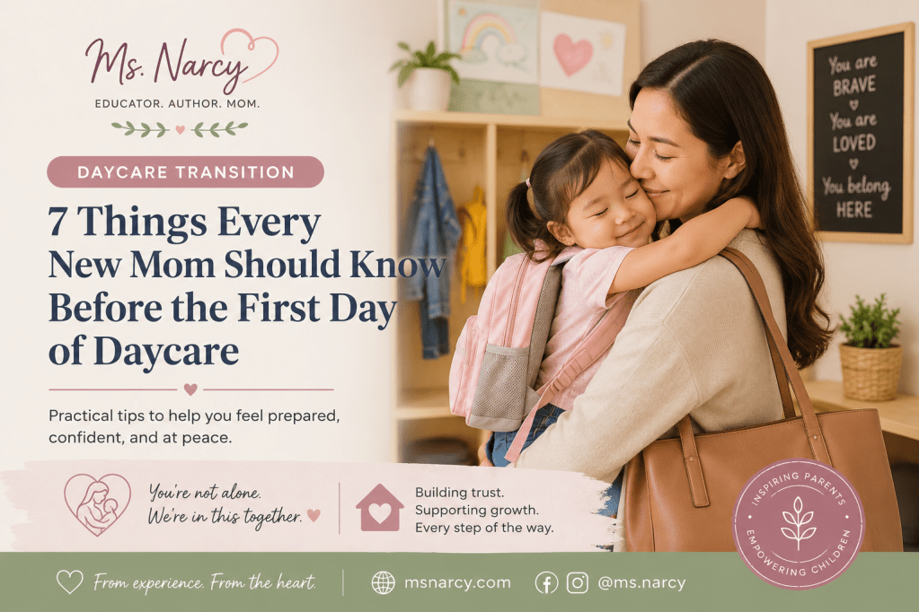 Mom huggung her child before first day of daycare. daycare Transition tips by Ms. Narcy.