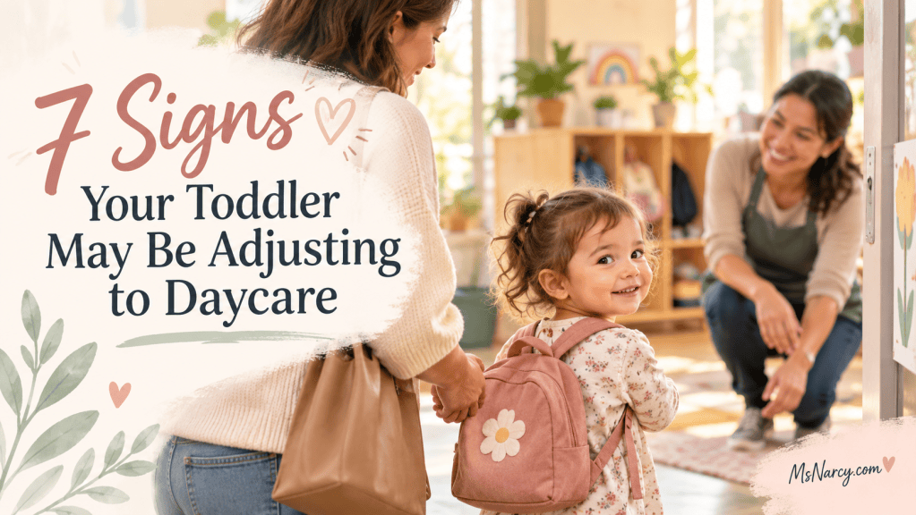 Toddler arriving at daycare with parent and educator during the daycare adjustment period.